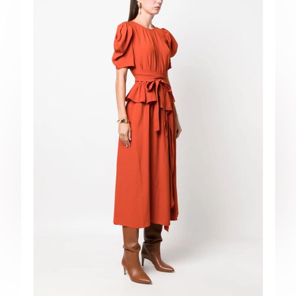 Ulla Johnson, Marion Puff-Sleeve Belted Peplum Midi Dress In Noir Red Size 6 - Picture 3 of 10